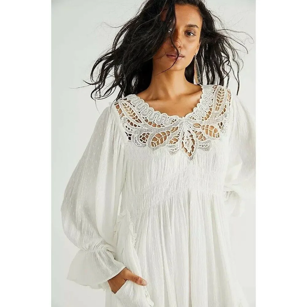 NWT FREE PEOPLE LENA LACE MINI DRESS CROCHET GAUZE IN IVORY